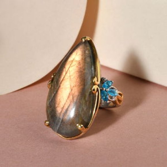 Madagascar Fire Labradorite and Multi Gemstone Ring in Vermeil Yellow Gold and P - Picture 2 of 6
